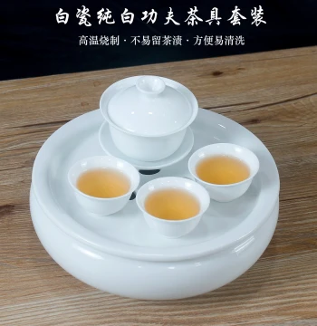 White Porcelain Kung Fu Tea Set – Pure White Ceramic Teapot, Gaiwan, Cups, and Tea Tray for Home, Hotel, or Boutique Stay