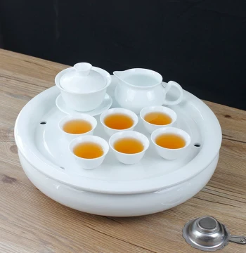 White Porcelain Kung Fu Tea Set with 12-Inch Large Water-Storage Tea Tray, Complete Set Including Pure White Cups and Gaiwan for Home and Office