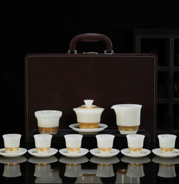 Complete Porcelain Jade Tea Set - Premium Ceramic Gongfu Tea Ware with Gift Box, Lidded Bowl, and Coasters