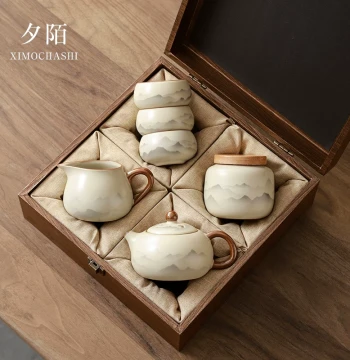Ru Kiln Gongfu Tea Set - Ceramic Thousand Miles of Rivers and Mountains Teapot and Cups - Gift for Elders and Clients