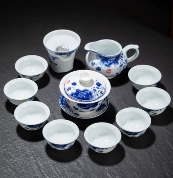 Blue and White Porcelain Tea Set Home Complete Ceramic Kung Fu Tea Set Dehua White Porcelain Brewing Device Gaiwan Teacup Gift