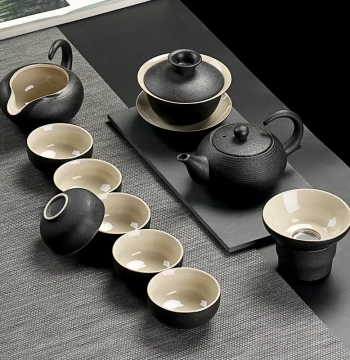 Japanese Black Pottery Kung Fu Tea Set Simple Ceramic Brewing Teapot Gaiwan Teacup Heat-Resistant Home Office Complete Set