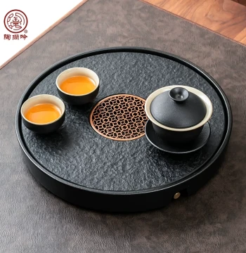 Complete Ceramic Black Gold Stone Tea Tray Kung Fu Tea Set - Minimalist Home & Office Small Tea Station with Teapot and Cups