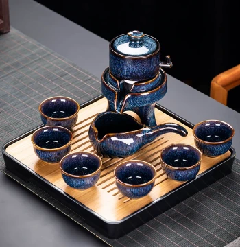 Effortless Kung Fu Tea Set for Home and Office - Jianzhan Ceramic Cups, Stone Mill Teapot, Automatic Brewer