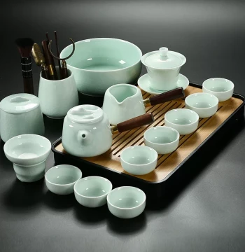 Complete Ru Kiln Gongfu Tea Set - Ceramic Teapot, Gaiwan, Cups, and Tray - Premium Home Use