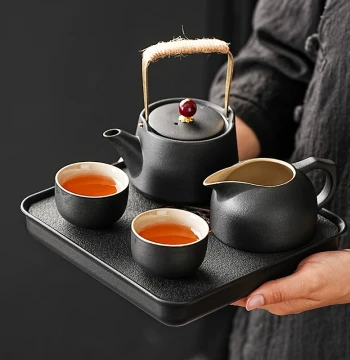 Black Ceramic Kung Fu Tea Set - 1 Pot & 4 Cups for Home or Office, Premium Light Luxury Style