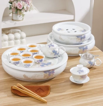 High-Temperature White Jade Ceramic Kung Fu Tea Set with Tray, Gaiwan, Fair Cup, Teapot, and Cups - Complete New Set for Office and Home