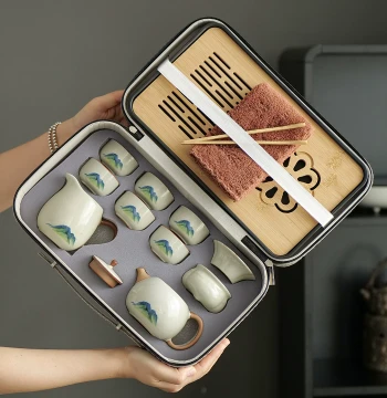 Ru Kiln Complete Travel Tea Set, Home & Outdoor 1 Pot 6 Cups, Portable Car Kung Fu Tea Tray