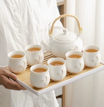 White Porcelain Teapot with Handle Tea Set, Modern Home Minimalist Luxury Large Kung Fu Tea Cup Set for Gifting