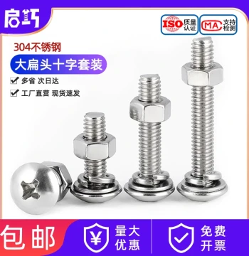 304 Stainless Steel Cross Rounding Head Screw and Nut Set, Umbrella Head Flat Bolt, Round Head with Flat and Spring Washers