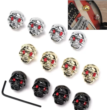 4-Pack Skull Head Electric Guitar Metal Volume Knob Caps - Bass Volume & Tone Potentiometer Caps with Wrench Included