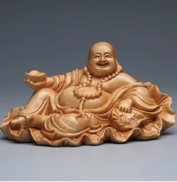 Thuja Wood Carving Lotus Leaf Ingot Laughing Wood Maitreya Statue Craft Art Home and Car Display