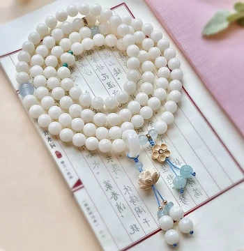 Natural White Jade Bodhi 108 Beads Multi-Loop Prayer Bead Bracelet, Bodhi Seeds Cultural Play Necklace for Men and Women