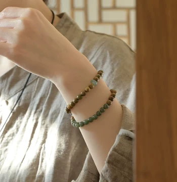 Green Sandalwood and Hetian Jasper 6mm Double-Loop Bracelet, Wooden Bead Bracelet with Ice-Blue Water Jade for Luck Transfer, Calming Buddhist Prayer Beads for Women