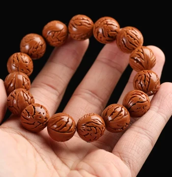 Natural Wild Qinling Mountain Peach Pit Bead Bracelet – Perfectly Round Dragon-Pattern Walnut Style Buddhist Prayer Beads for Men and Women