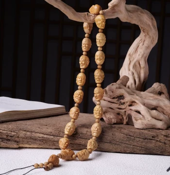 Thuja Wood Carved Eighteen Arhats Buddhist Prayer Beads Bracelet, Pixiu Unisex Long Hand-Held Beads for Car Hanging Ornament and Craft Decoration
