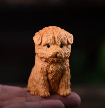 Puppy Handheld Collectible Ornament, Thuja Wood Carving of 'Wangcai' Zodiac Dog, Unpainted and Unwaxed Cute Rural Dog Figure