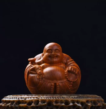 Natural Cliff Cypress Solid Wood Carving of Maitreya Buddha, 'Harmony and Unity' Collectible Handheld Ornament, Wealth-Attracting Desktop or Car Small Display