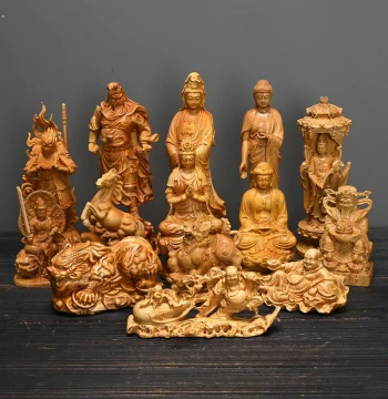 Cliff Cypress Handheld Carved Wooden Craft Gift - God of Wealth, Guanyin, Maitreya Small Ornaments for Palming or Hanging