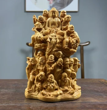 Thuja Wood Carving of Eighteen Arhats, 14m Collectible Ornament, Creative Root Sculpture, Home Decor, Chinese Style Living Room Display