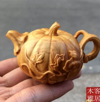 Pumpkin Teapot Cliff Cypress Boxwood Wood Carved Hand Piece, Playable Ornament, Craft Solid Wood Carved Handheld Pot