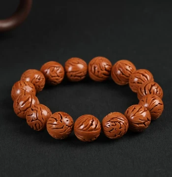 Natural Wild Peach Pit Bracelet from Qinling Mountains, Polished Round Beads with Dragon Vein Pattern, Cultural Play Buddhist Bead Bracelet for Men and Women