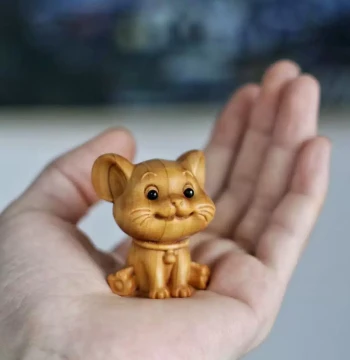 Thuja Wood Carved Handheld Piece, Creative Cute Zodiac Rat Ornament, Wooden Craft Rat Pendant, Cultural Play Gift