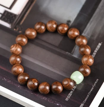 Xuantong Golden Silk Sandalwood Buddhist Prayer Beads Bracelet with Spacer Beads and Green Jade Accessories, Flexible Wenyang Fashion Unisex Jewelry
