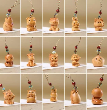 Natural Thuja Artificata Twelve Zodiac Cute Cartoon Animal Phone Chain Pendant Bag Ornament Unisex Cultural Play Gift