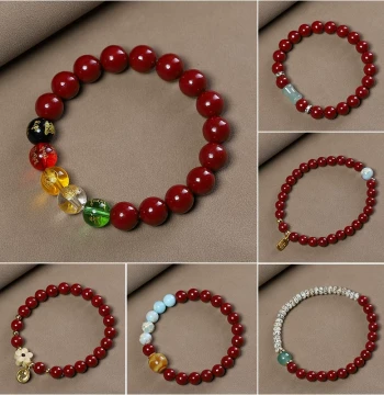 Women's Cinnabar Bracelet, DIY Niche Design with Plum Blossom Fu Tag Pendant, Dual-Tone Star-Moon Accessories, Wenwan Jewelry
