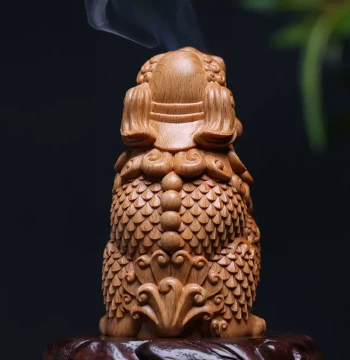 Beech and Ebony Wood Carved Auspicious Beast Wen Tian Hou Pixiu Hand-Held Piece, Home Craft Decor and Car Ornament