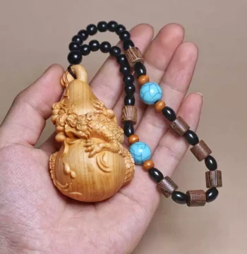 Thuja Wood Auspicious Dragon Coiling Around Gourd Handheld Ornament, Symbolizing Many Sons and Blessings, Carved Wood Car Pendant or Personal Collectible Display