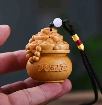 Natural Cliff Cypress Wood Carved Wealth Bowl Ornament - Handheld Piece, Pendant, Phone Charm, Keychain for Collectible Play