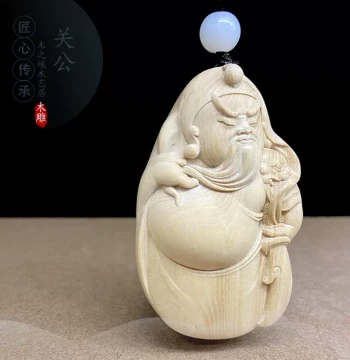 Fast Shipping Boxwood and Thuja Plicata Wood Carving of Martial God of Wealth Guan Gong, Men's Pendant, Solid Wood Collectible Palm Play Craft