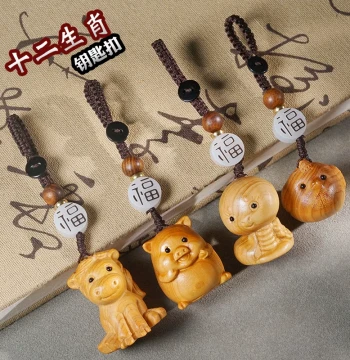 Thuja Wood Carved Twelve Zodiac Keychain Pendant, Phone Charm, Wenwan Craft Wooden Small Piece, Handheld Play Item