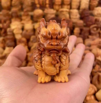 Aged Cliff Cypress Wood Carved Qilin Backing, Wenwan Handcrafted Auspicious Beast, Car or Desktop Decorative Ornament
