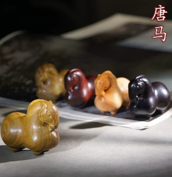Green Sandalwood Carved Tang Horse Handpiece, Yaba and Ebony Wood Craft Gift for Collecting and Desktop Display