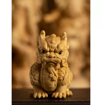Small Leaf Boxwood Carved Handheld Piece Wenwan Portable Toy Auspicious Beast Qilin Craft Car Ornament