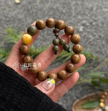 Youye Qingqing 'Green Mountains and Round Sunset' Original Design Sandalwood and Burmese Yellow Spacer Bead Green Sandalwood Creative Cultural Play Bracelet