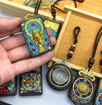 Tibet Specialty Souvenir, Sandalwood Handmade Thangka, Nine Palaces Eight Trigrams Vajra Pestle, Elephant-Head God of Wealth Key Pendant Necklace