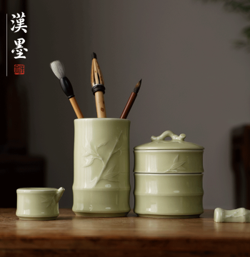 Calligraphy-specific Practice Inkstone with Ink Dish and Covered Double-ring Anti-dry Ink Box, Creative Ceramic Ink Slab, Brush Washer and Rest for Chinese Painting and Stationery Display