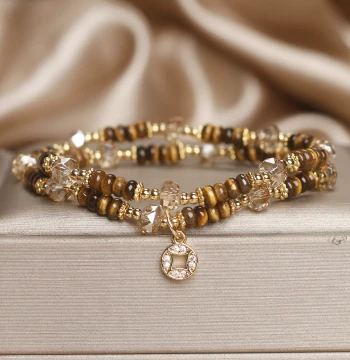 Maillard Double-Loop Tiger Eye Abacus Bead Bracelet for Women - Original Vintage Stacked Style with Coin Pendant for Wealth Attraction