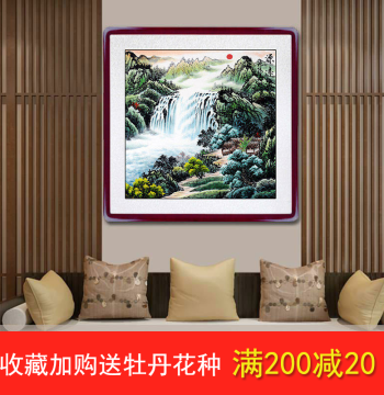 Hand-Painted Square Landscape Ink Painting - Traditional Chinese Art for Office, Living Room, Entryway, or Sofa Background, Square Decorative Wall Art