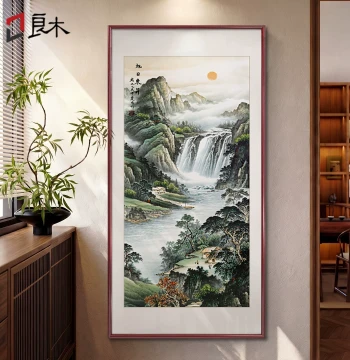 Rising Sun Landscape Painting Entryway Decor, New Chinese Style Vertical Mural for Front Door, Wealth-Attracting Hanging Art, Traditional Chinese Painting