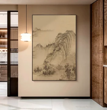 Landscape Painting with Song Dynasty Aesthetics, Entryway Decor, New Chinese Style Living Room, Hallway, Study, Tea Room Vertical Zen Framed Wall Art