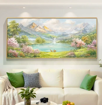 Golden Mountain Cornucopia Living Room Decorative Painting, Cream Style Sofa Background Wall Hanging Art, Landscape Scenery Mural, Hand-Painted Oil Painting