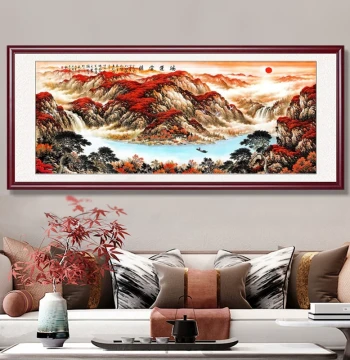 Living Room Sunrise Over the East Wealth-Attracting Background Wall Art, Same Style as Li Ka-shing; Office Chinese Painting 'Good Fortune Arrives' Landscape Hanging Scroll