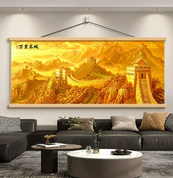 Golden Great Wall Painting 'Backing Mountain' Map, Modern Light Luxury Living Room Sofa Background Wall Decor, Landscape Painting for Office Hanging