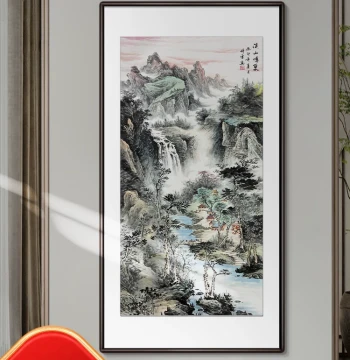Hand-Painted Chinese Entryway Decor: Vertical Ink Wash Landscape Murals for Hallways, Corridors, and Offices