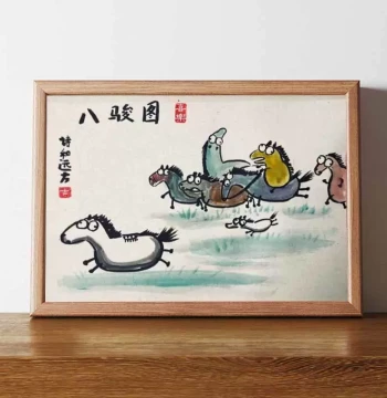 Xu Beihong Eight Horses Funny Wall Art - Cute and Prank Calligraphy for Living Room, Tea Room, or Sofa Background Decor